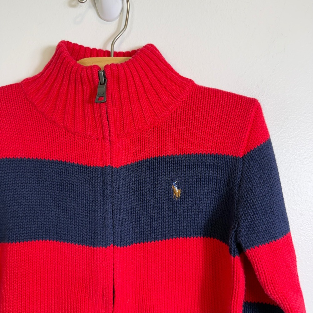 Polo Ralph Lauren Full Zip Sweater Boys 3T Red Navy Blue Striped Cotton Pony